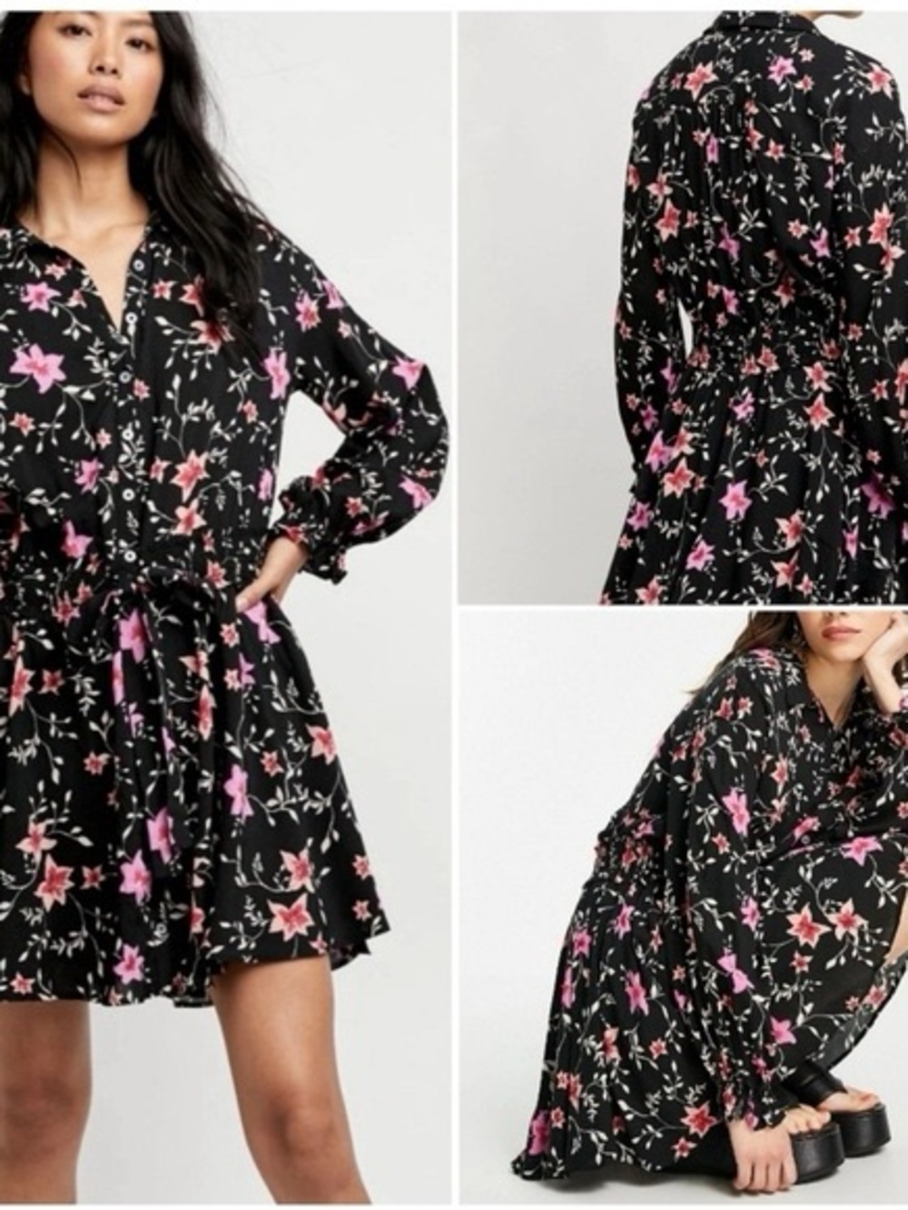 Free People Black Button-Front Floral Smocked Waist Dress